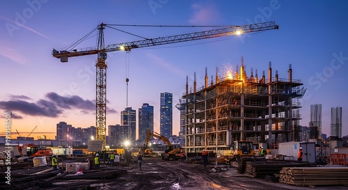 Construction Site at Dusk with Crane and Building Framework