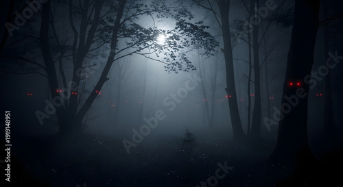 Mysterious Red Eyes Glowing in a Dark, Foggy Forest at Night