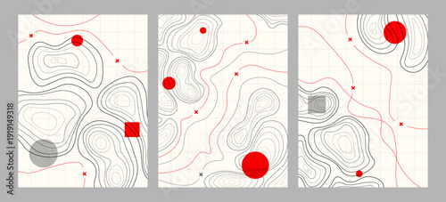 Vector illustration. Minimalist topographic maps with contour lines and colorful geometric shapes. Modern abstract design elements for poster, book or magazine cover, flyer. Map with marks and trails