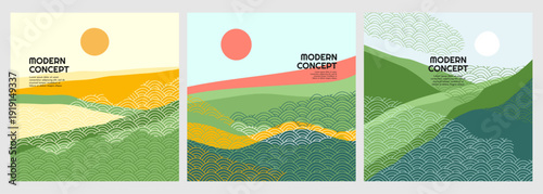 Vector illustration. Modern minimalist landscape set. Abstract mountain and sun with traditional Japanese wave pattern. Spring and summer motif. Design for social media, web banner, blog post