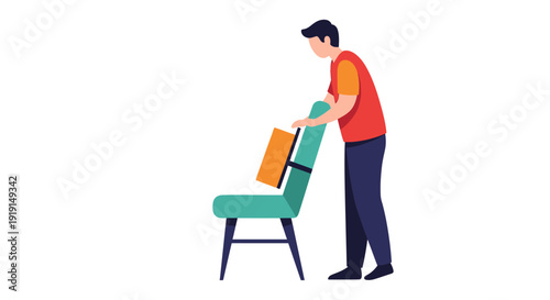 Man Placing Bag on Chair Illustration.