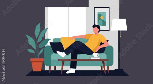 Man Relaxing on Sofa with Legs Elevated.