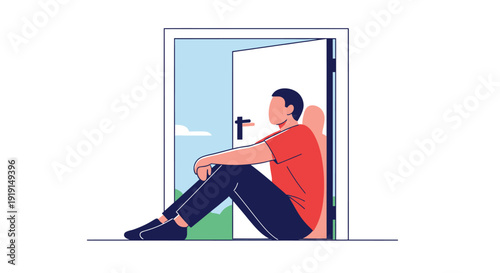 Man Sitting on Floor by Open Door.