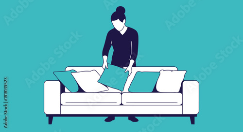 Woman Arranging Pillows on White Sofa.