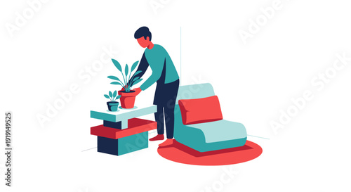 Woman Caring for Potted Plant at Home.
