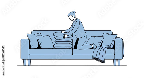 Woman Cleaning Sofa with Vacuum Cleaner.