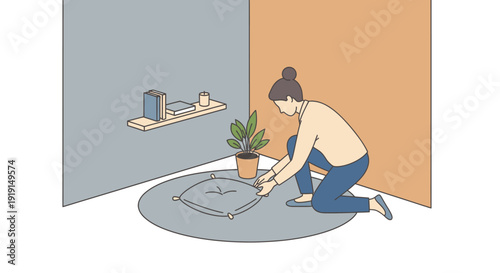 Woman kneeling on rug with potted plant.