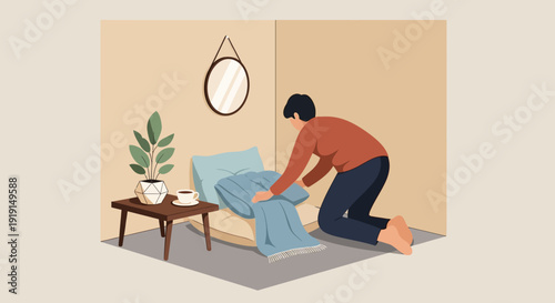 Woman Making Bed with Blue Sheets.