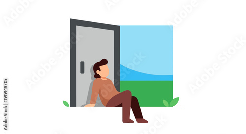 Woman Sitting Outside Open Doorway Relaxing.