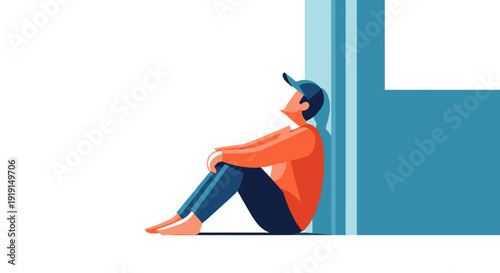 Woman Sitting on Floor Leaning Against Wall.