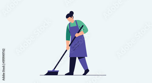 Woman Wearing Apron Sweeping Floor with Broom.