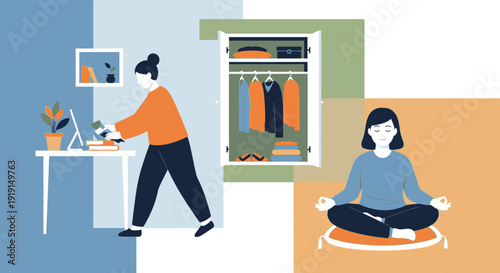 Woman Working and Meditating at Home Office.