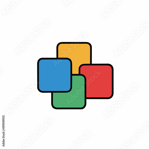 Four Overlapping Square Shapes In Red Blue Green And Yellow Colors With Black Outline Isolated On White Background With Soft Shadows