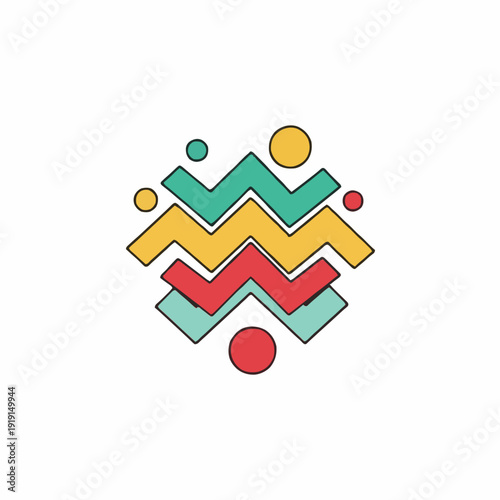 Abstract geometric pattern in teal yellow and red with circular accents on white background simple design