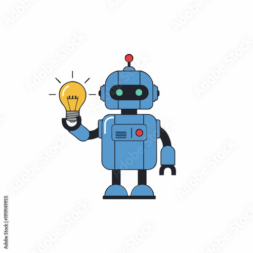 Blue robot holding a bright glowing lightbulb representing a new idea or innovation against a clean white background