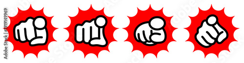 注目・クリック誘導用 指差しハンド＋赤い爆発ポップ背景アイコン