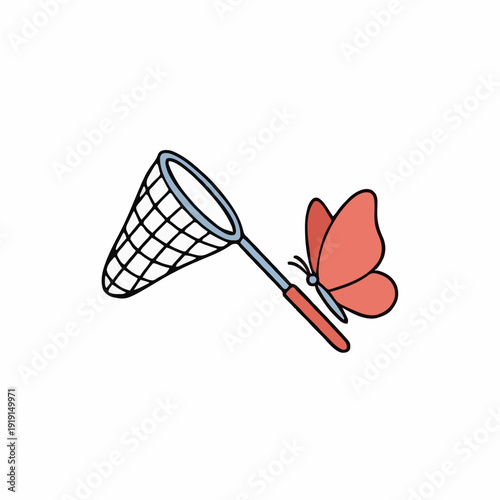 Illustration of a Coral Butterfly Escaping a Blue Butterfly Net on a White Background Simple Graphic Design