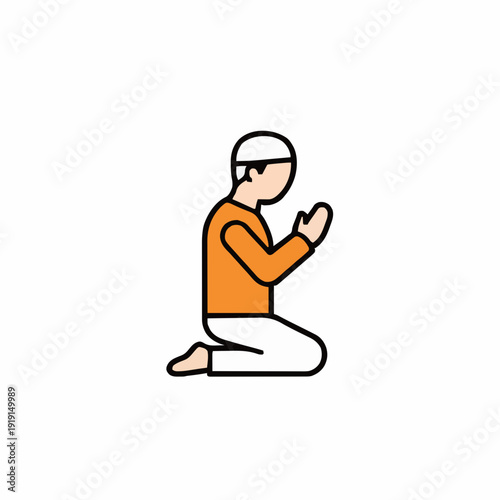 Muslim Man in Orange Shirt and White Pants Kneeling in Prayer Wearing a White Kufi with Hands Raised in Supplication on a White Background