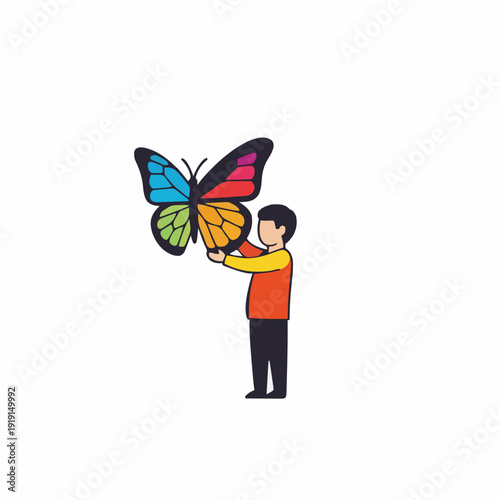 Person Holding Colorful Butterfly with Wings Divided into Different Color Segments Against White Background Minimalist Style Illustration