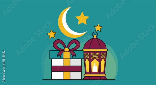 Crescent Moon with Lantern and Gift Box

