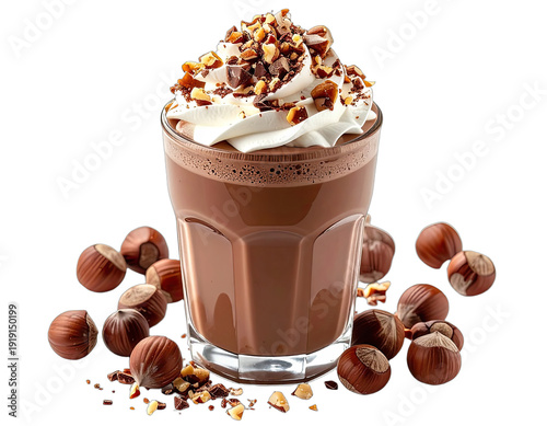 Rich Hazelnut Hot Chocolate Topped with Whipped Cream and Chopped Nuts Against a Black Background