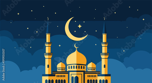 Golden Mosque with Crescent Moon at Night

