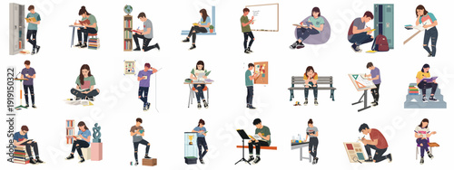 Diverse Students Engaged in Various Academic Activities, Illustrating Modern Learning and Educational Journeys in a Flat Design Vector Style.