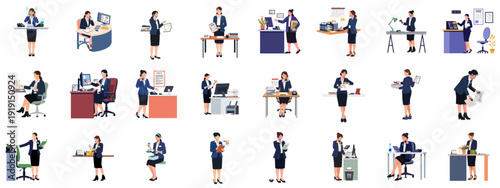 Collection of professional female receptionists and office assistants performing daily tasks, handling calls, documents, and administrative duties in a modern business environment.