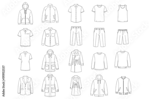 Collection of Men's Clothing Outlines Including Jackets Shirts Pants and Hoodies mens clothing apparel