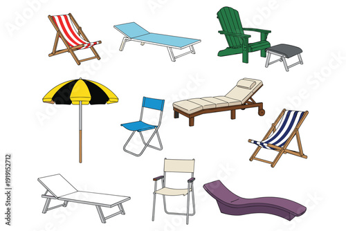 Colorful Assortment Of Beach Chairs Lounge Chairs And A Beach Umbrella On White adirondack chair deck chair