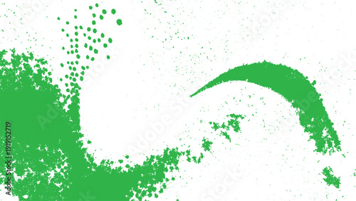 Green abstract splash design element with painted texture and scattered dots isolated on transparent background