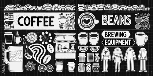 Black and white illustration of coffee beans cups and brewing equipment