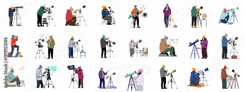 Diverse individuals observing stars, planets, and space with telescopes, engaging in amateur and professional astronomy activities and scientific exploration.
