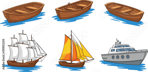 Vector illustration set featuring various wooden rowboats, traditional sailing ships with white and orange sails, and a modern luxury motor yacht isolated on white background.