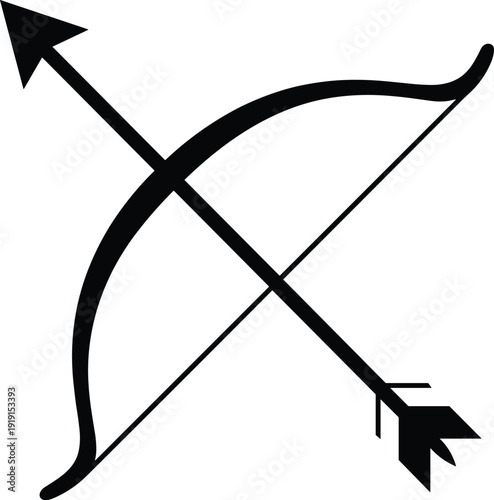 Black bow and arrow crossed over each other white background