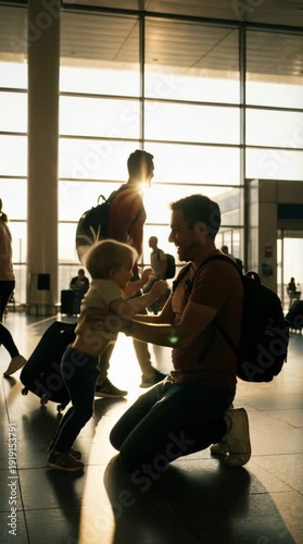Father joyfully tossing his happy toddler boy in the air at a sunny airport terminal, celebrating family travel and reunion.