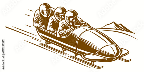 Dynamic three-person bobsleigh team racing down an icy track, vector