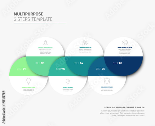 This multipurpose business infographic template features six numbered steps for process visualization. Each step of the infographic template includes icons and text areas for data.
