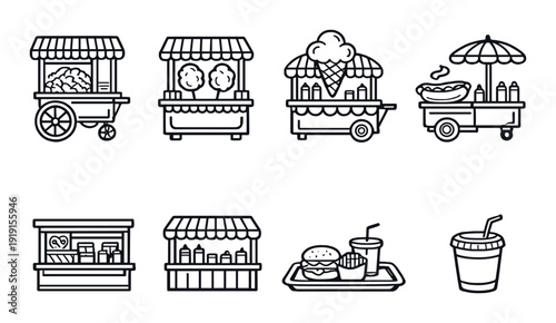 Street food vendor icon set on dark gradient background for market signage menu design food truck branding and restaurant promotions