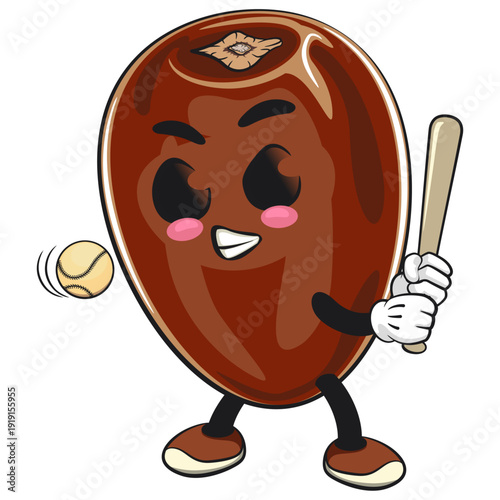 cute dates fruit mascot character playing baseball ready to hit the ball with the bat, isolated vector illustration, work of hand drawn
