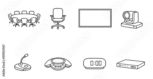 Meeting room equipment icons set with conference table chairs large display camera microphone conference phone timer and media player for presentation and ui design