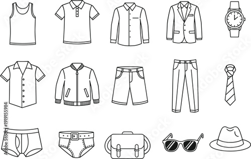 Outline icons of men's clothing and accessories on white background Keywords: men, male, clothing, fashion, apparel, icons