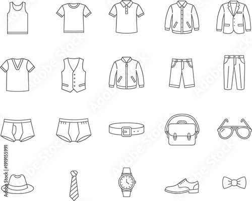 Outline icons of men's clothing and accessories on white background Keywords: men, male, clothing, fashion, apparel, icons