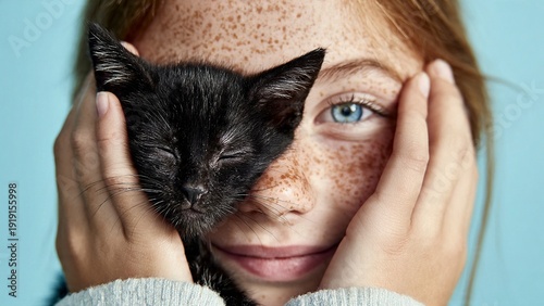 A young woman with freckles and blue eyes gently holds a black kitten against her face.