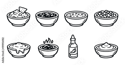 Dip bowl icon set sauces for menu design and food packaging background with minimal line art