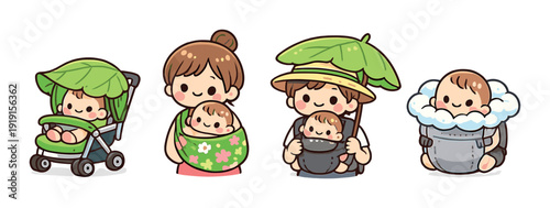 Eco baby carriers and family baby wearing collection with stroller sling wrap backpack and canopy for design, card, poster, background