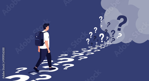 Man Walking Through Trail of Question Marks.