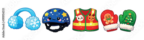 Cute festive winter accessory icons for christmas for design card poster and background with colorful earmuffs helmet safety vest and mittens