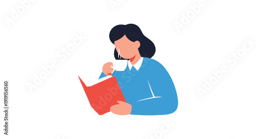 Woman Reading Red Book Thoughtfully.