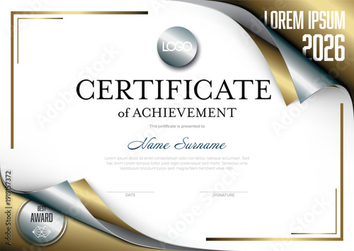 An elegant certificate of achievement featuring premium gold and silver paper curl effects. This professional certificate template is designed for an award or a diploma recognition.